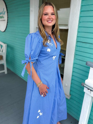 The Helen Stripe Flower Midi Dress-Blue
