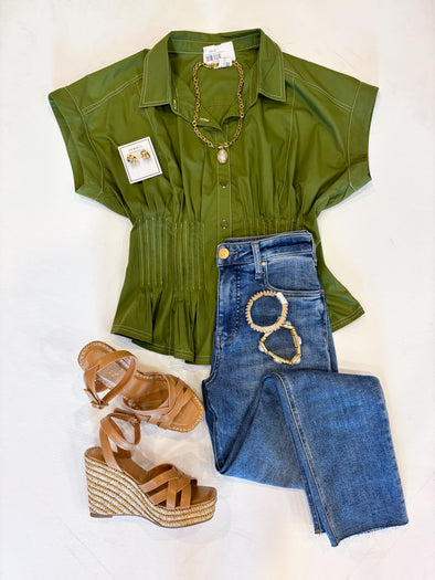 olive green top with smocked waist