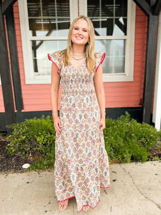 floral dress with ruffle flare sleeve