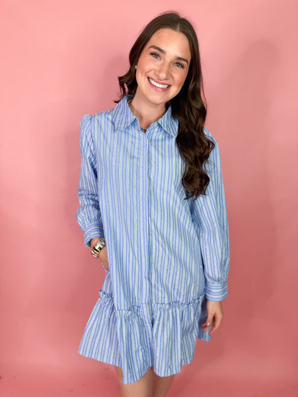 blue stripe long sleeve dress, rhinestone dress