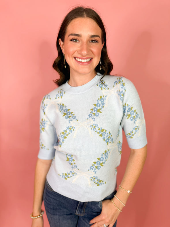 The Carson Floral Short Sleeve Sweater-Blue