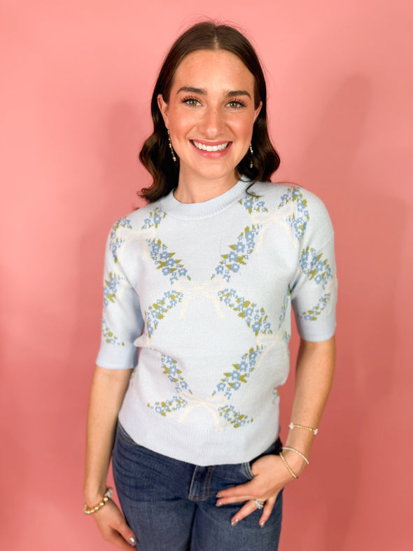 The Carson Floral Short Sleeve Sweater-Blue