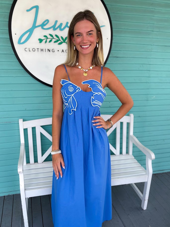 The Hillary Fish Midi Dress-Blue – Jewels Clothing and Accessories