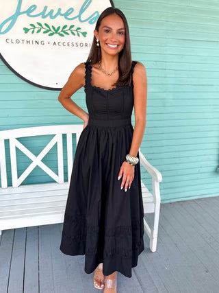 black square neck dress with lace trim