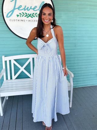 The Tyna Stripe Midi Dress-Blue