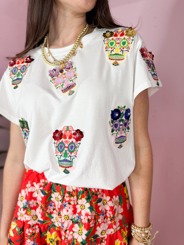 (Queen of Sparkles) Flower Sugar Skull Tee-White