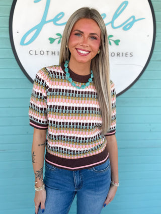 brown cream and pink short sleeve sweater