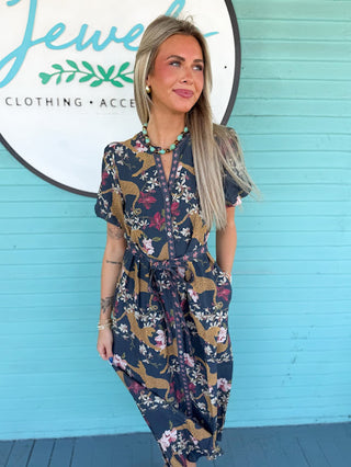 The Nattie Animal Floral Midi Dress-Navy