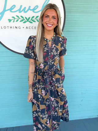 The Nattie Animal Floral Midi Dress-Navy