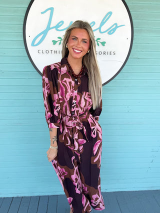 burgundy and pink and brown maxi dress