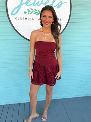strapless burgundy dress 