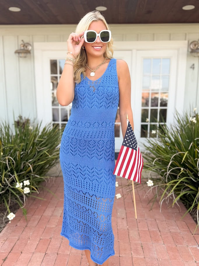 blue crochet maxi dress Floral Detail Crochet Maxi Dress Blue