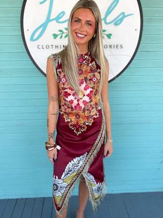 burgundy pattern dress with fringe