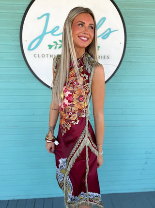 The Fenlie Fringe Printed Midi Dress-Wine