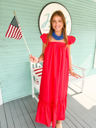 The Shiloh Ruffle Sleeve Smocked Midi Dress-Red