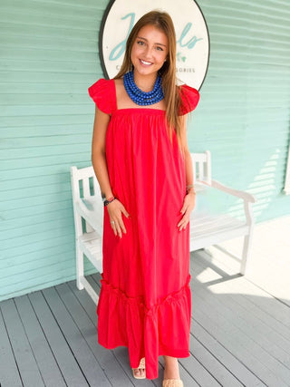 The Shiloh Ruffle Sleeve Smocked Midi Dress-Red