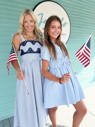 navy stripe midi dress