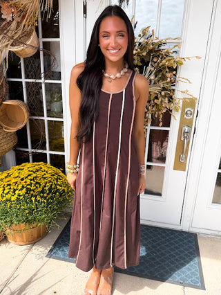 brown midi dress with cream and brown piping 