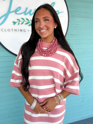The Cotton Stripe Sweater Set- Rose/Ivory