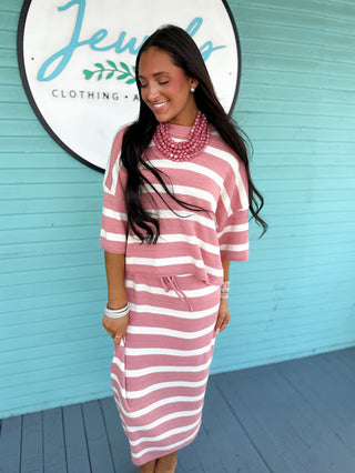 The Cotton Stripe Sweater Set- Rose/Ivory