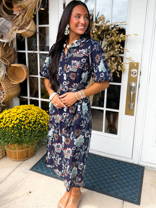 (THML) The Kenlie Floral Button Midi Dress-Navy