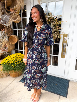 (THML) The Kenlie Floral Button Midi Dress-Navy