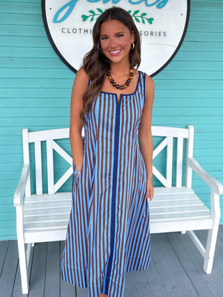 blue and brown stripe maxi 