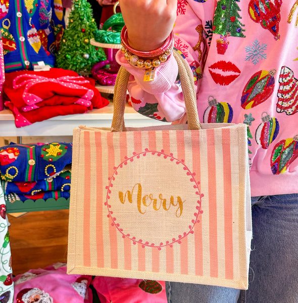 The Merry Stripe Gift Tote-Pink