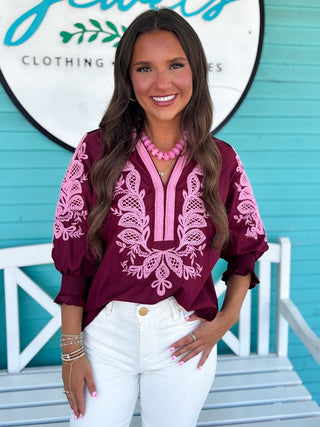 The Callum Embroidered Top-Burgundy