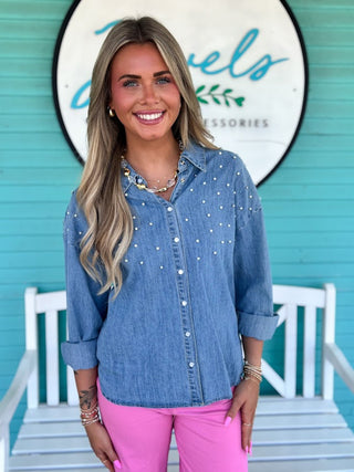The Ophelia Pearl Chambray Top-Blue