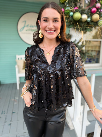 The Erin Short Sleeve Sequin Top-Black