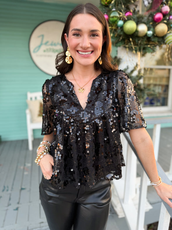 The Erin Short Sleeve Sequin Top-Black