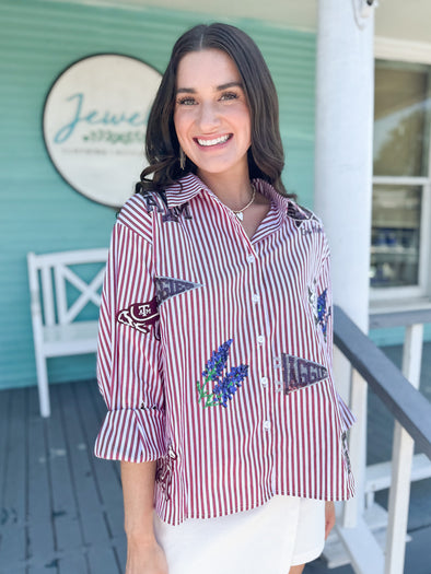 striped button down a&m sequin icon top 