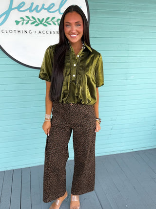 The Yasmin Metallic Bubble Top-Olive