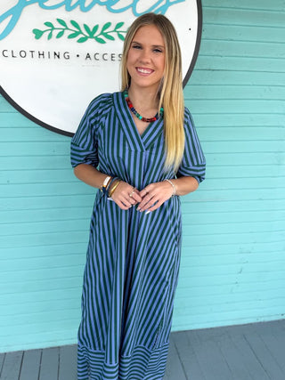 The Skylar Stripe Midi Dress-Blue