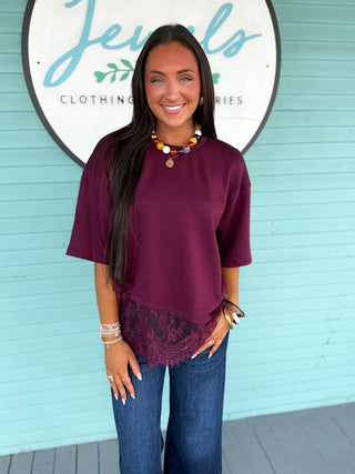 burgundy top with lace bottom