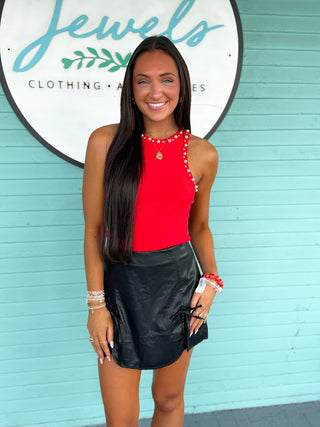 The Sally Pearl Knit Tank Top- Red