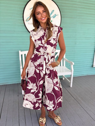 The Lianna Floral Midi Dress-Wine