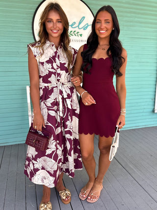 The Lianna Floral Midi Dress-Wine