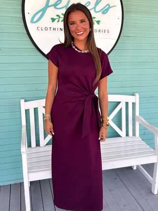The Lacey Side Knot Midi Dress-Wine