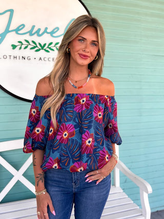 (THML) The Hannah Floral Bubble Top-Blue