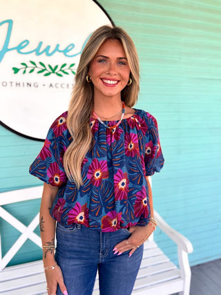 (THML) The Hannah Floral Bubble Top-Blue