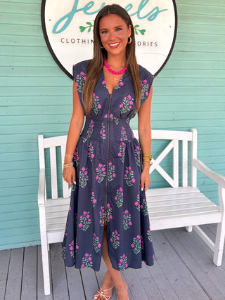 (THML) The Heyle Floral Zip Midi Dress-Navy