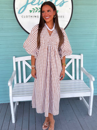 The Cornillia Gingham Midi Dress-Brown