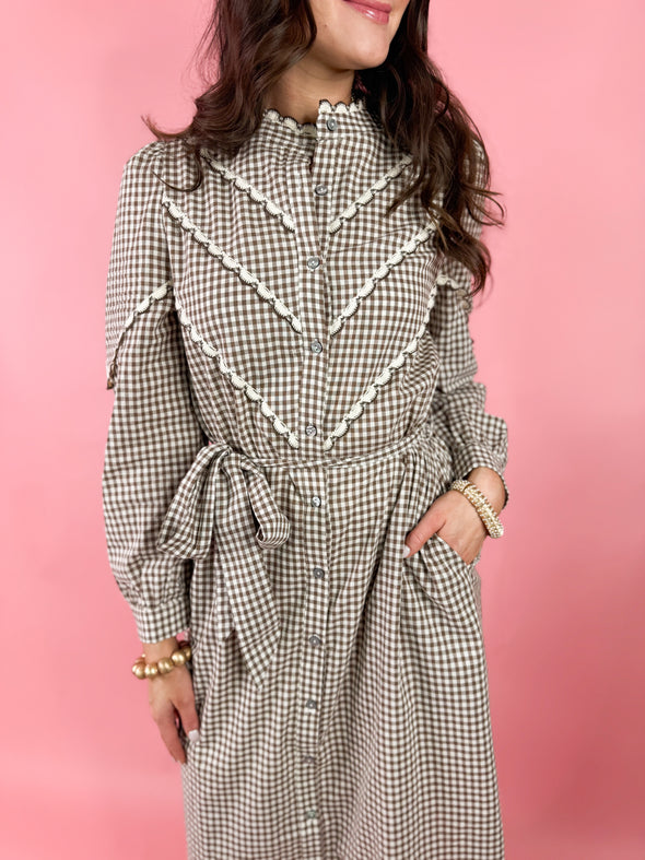 close up of brown gingham dress