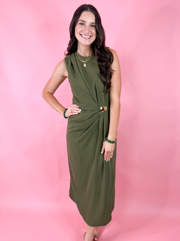 The Katie Side Knot Midi Dress-Olive