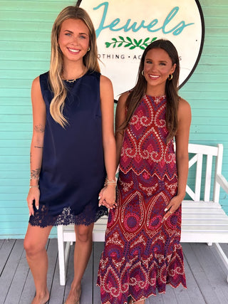 The Carrie Satin Lace Detail Dress-Navy