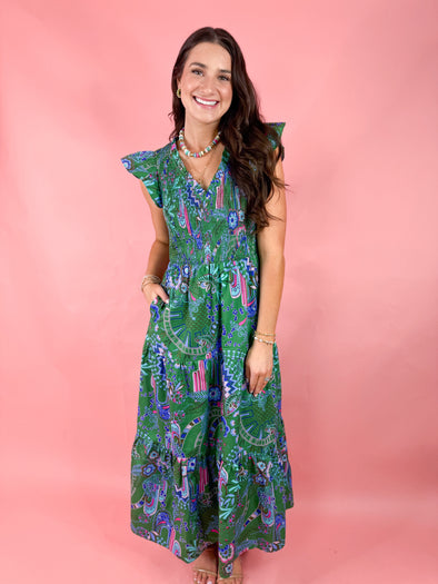 green pink and blue midi dress
