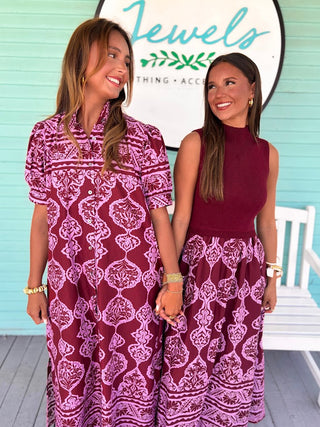 The Peggy Printed Midi Dress-Burgundy
