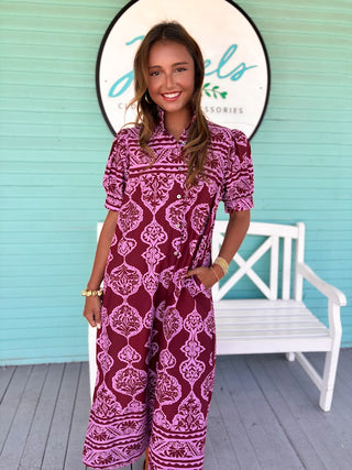 The Peggy Printed Midi Dress-Burgundy
